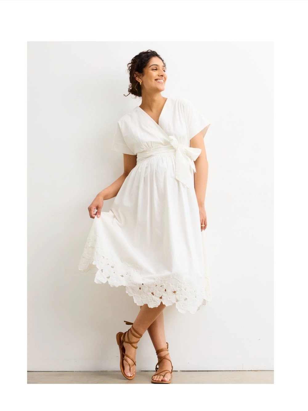 Hatch Maternity White Carolina Tie-Waist Midi Dress with Eyelet Hem, EUC size 3